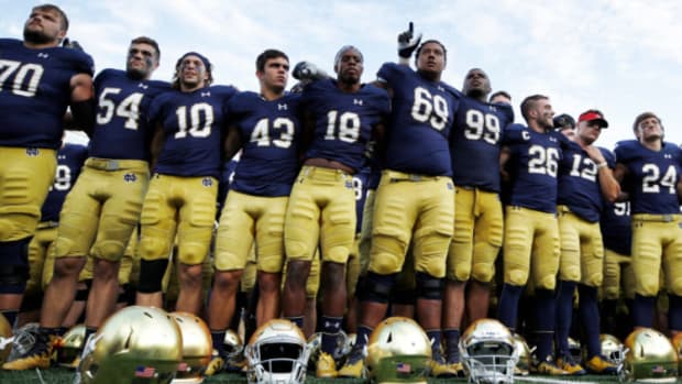 Scenes at a Notre Dame Fighting Irish game during the college football season.